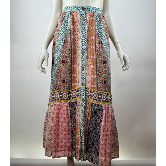 Sundance Boho Maxi Skirt Women M EUC Elastic Waist Button-up Floral Lined Lace‎ - Picture 1 of 12